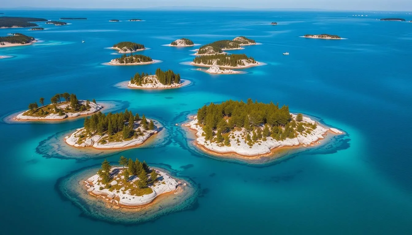 Aerial view of Georgian Bay Islands National Park showing the archipelago of islands with crystal clear waters