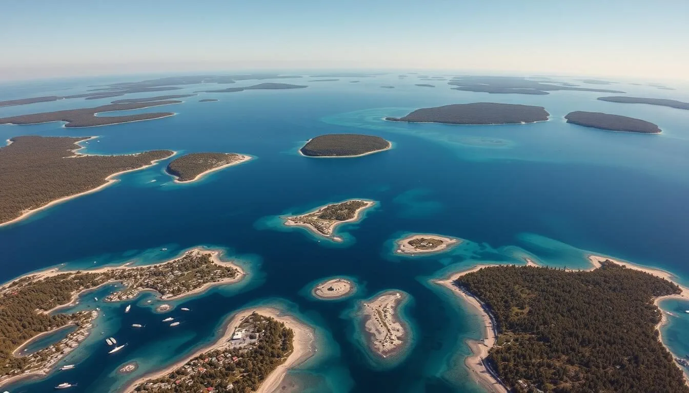 Aerial view of Georgian Bay's 30,000 Islands with clear blue waters and rocky shores on a sunny day