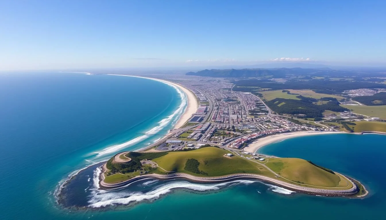 Aerial view of Gisborne coastline showing the city, beaches, and surrounding landscape on a sunny day