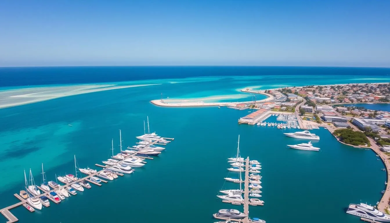 Aerial view of Gladstone Queensland marina and harbor with boats and the Great Barrier Reef in the distance