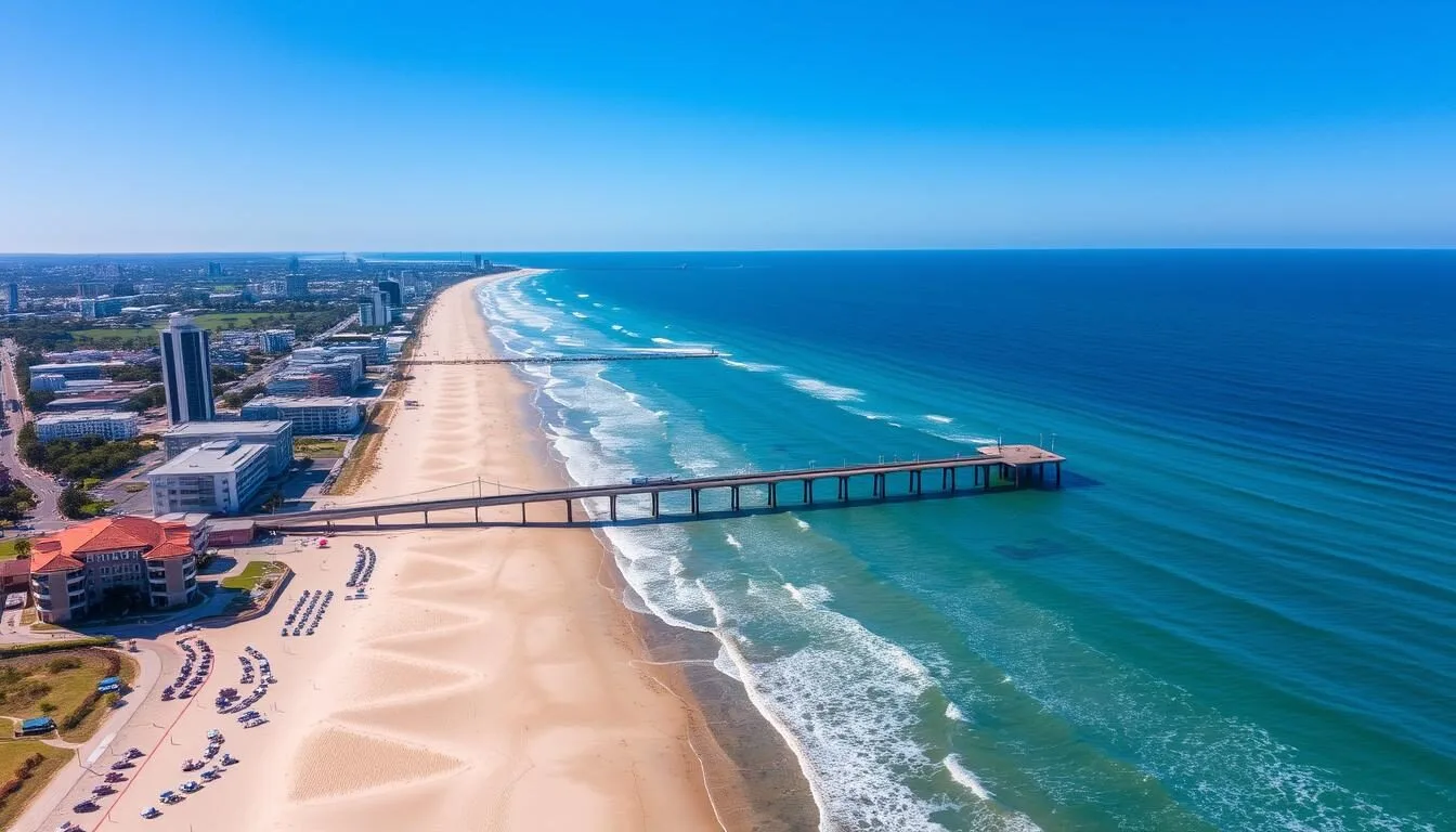Aerial view of Glenelg Beach and jetty in South Australia