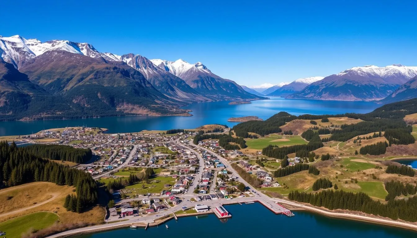 Aerial view of Glenorchy township with the famous red shed on the waterfront, surrounded by mountains and Lake Wakatipu
