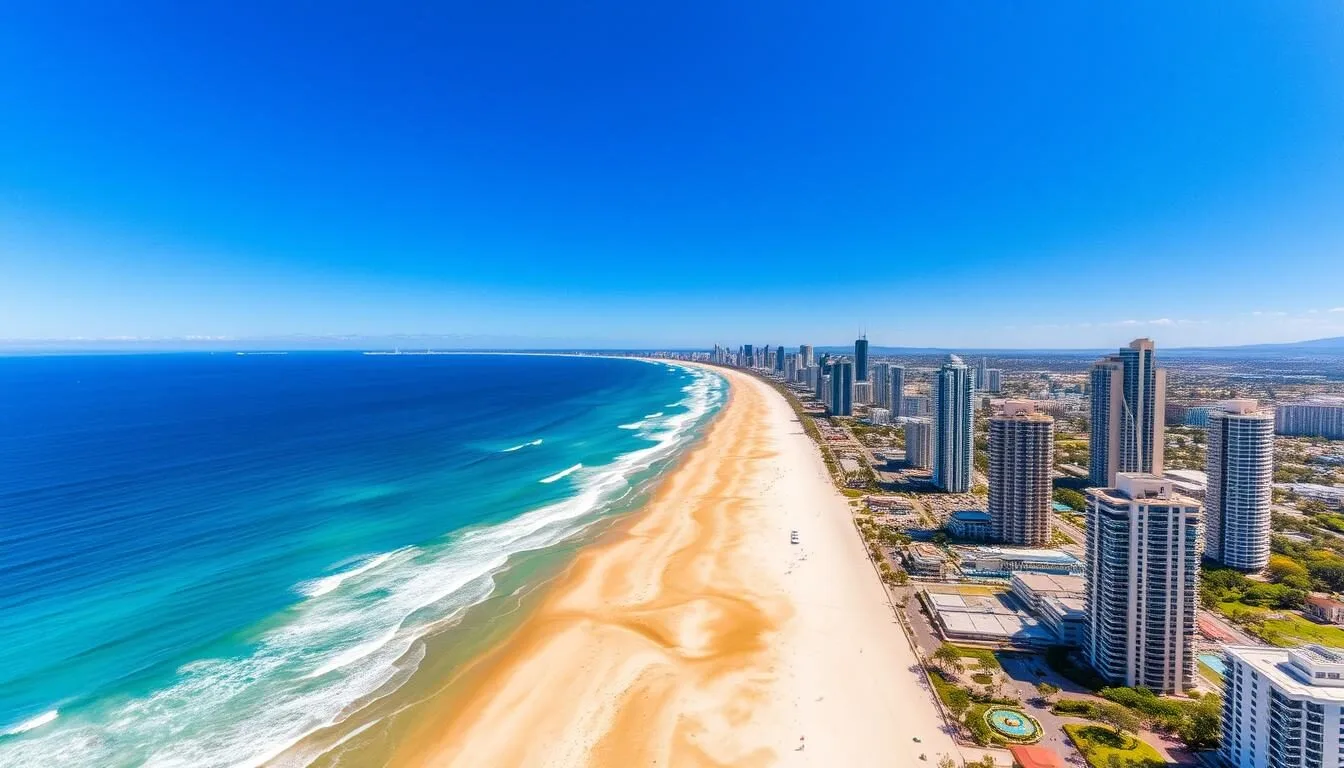 Aerial-view-of-Gold-Coast-Queensland-beaches-and-skyline-on-a-sunny-day-showcasing-the-perfect Aerial view of Gold Coast Queensland beaches and skyline on a sunny day, showcasing the perfect weather conditions for visitors