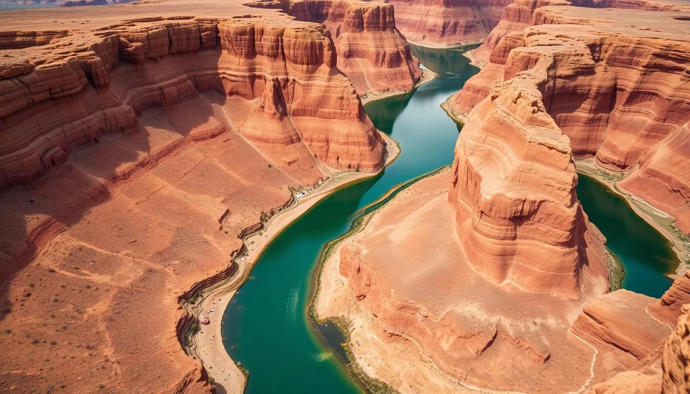 Aerial view of Goosenecks State Park, Utah showing the dramatic San Juan River meanders from the overlook