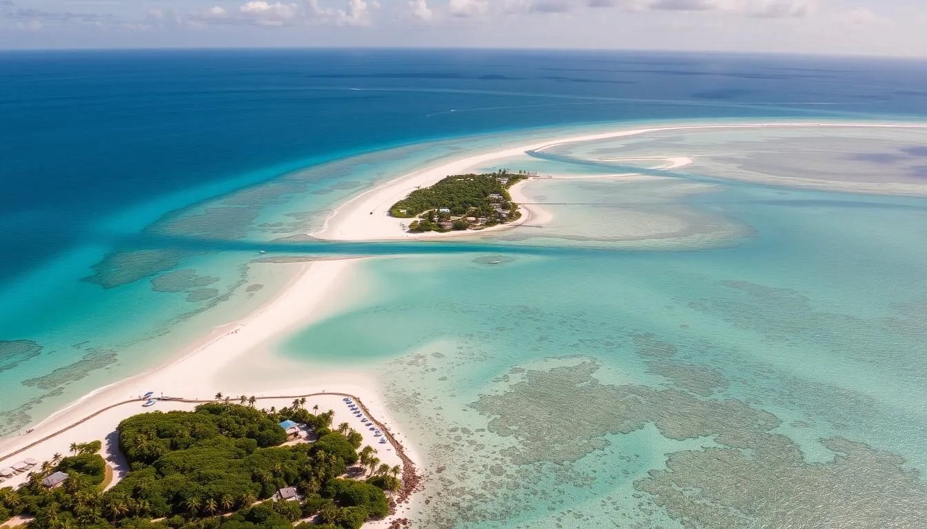 Aerial view of Grand Cayman island with turquoise waters and white sand beaches
