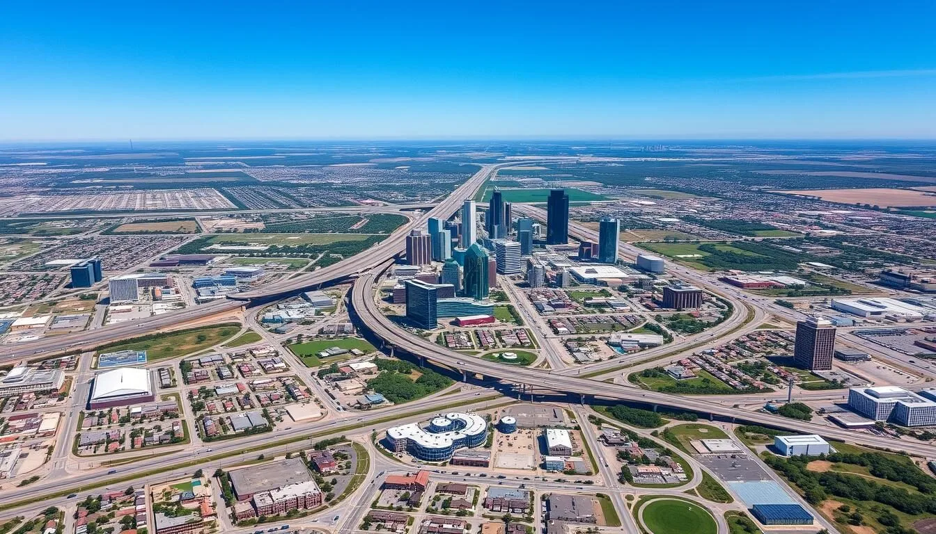 Aerial view of Grand Prairie, Texas showing its location between Dallas and Fort Worth
