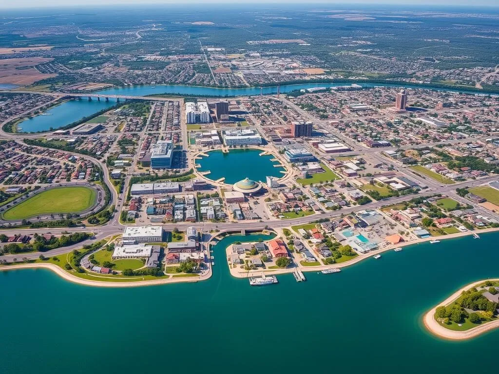 Aerial view of Grapevine Texas showing Lake Grapevine and surrounding areas
