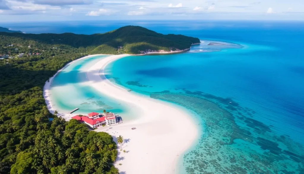 Aerial view of Half Moon Bay's crescent-shaped beach with turquoise waters and white sand