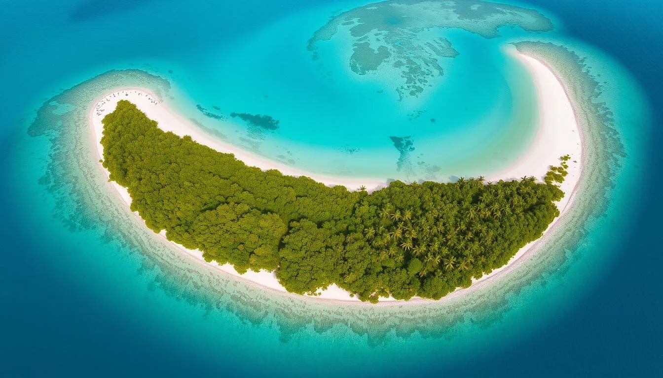 Aerial view of Half Moon Caye, Belize showing the crescent-shaped island with white sandy beaches and turquoise waters