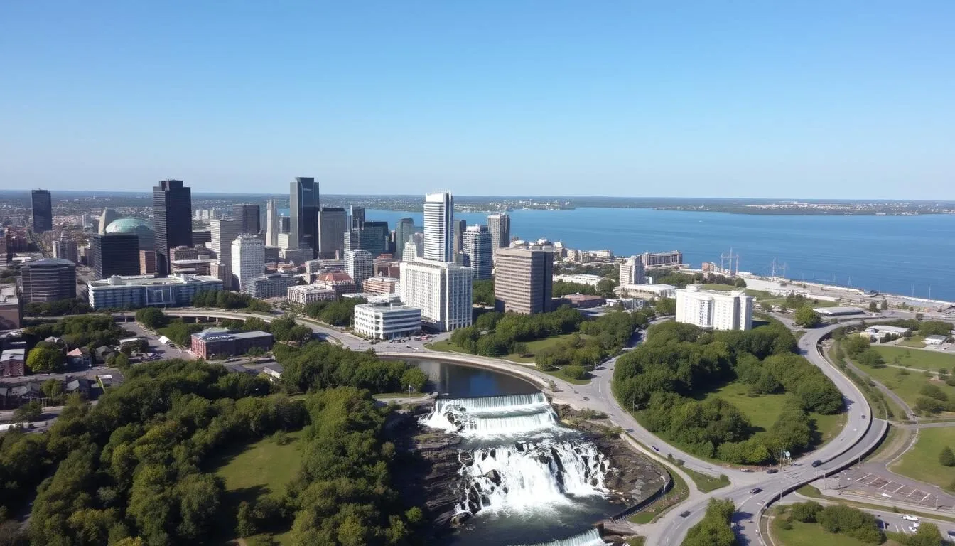 Aerial view of Hamilton Ontario showing the city skyline with waterfalls and natural scenery