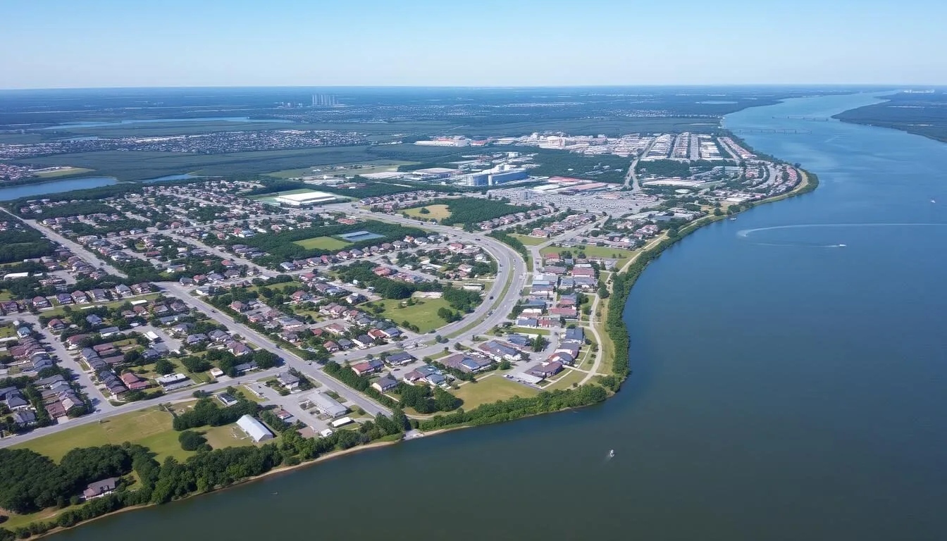 Aerial view of Hanahan, South Carolina showing the town's layout between rivers