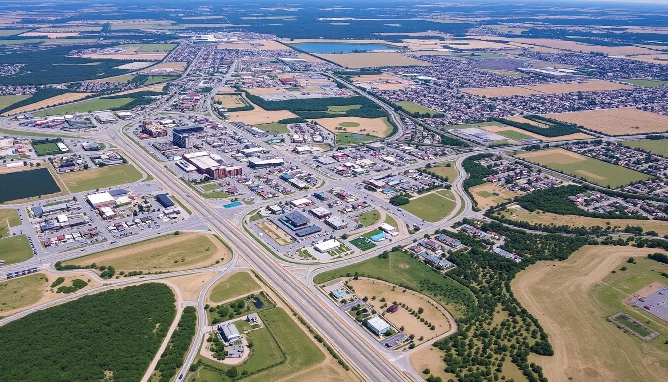 Aerial view of Harker Heights, Texas showing its proximity to major highways and natural surroundings
