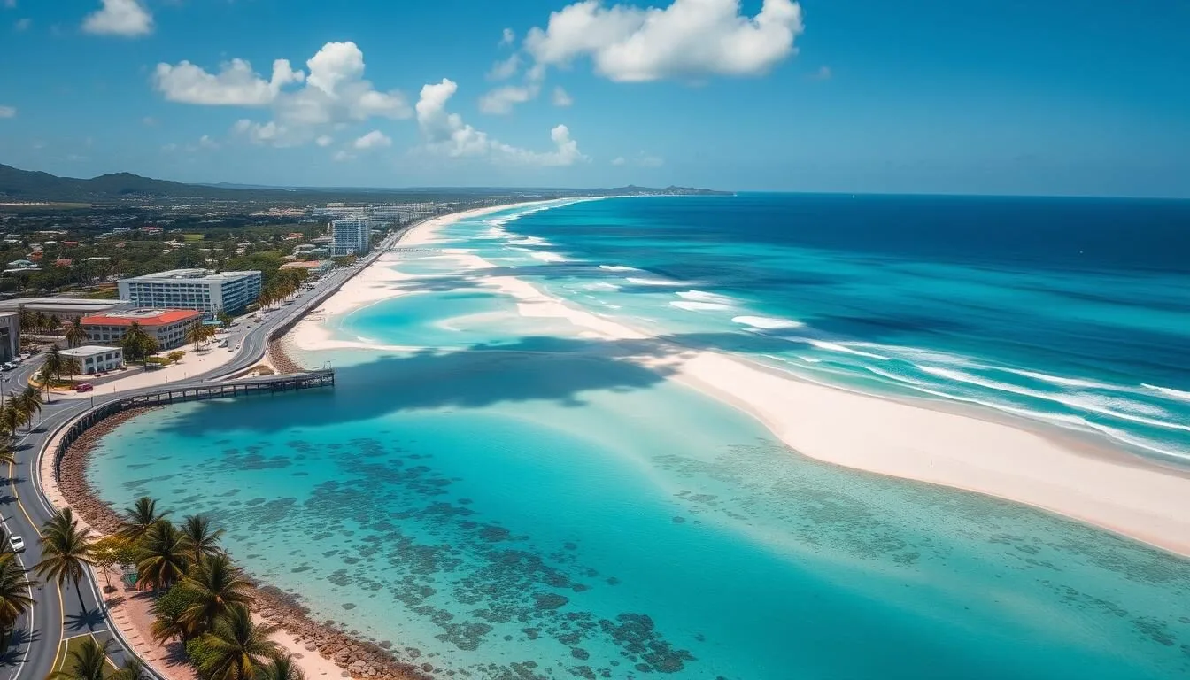 Aerial view of Hastings coastline in Barbados showing pristine beaches and turquoise Caribbean waters