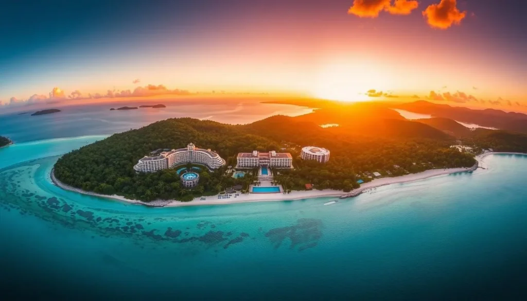 Aerial view of Hayman Island Queensland at sunset showing the entire resort, beaches, and surrounding Whitsunday waters