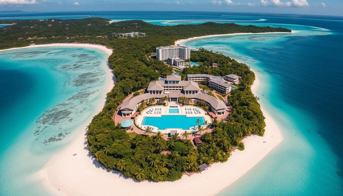 Aerial view of Hayman Island Queensland showing the iconic pool, resort buildings, and surrounding turquoise waters of the Great Barrier Reef