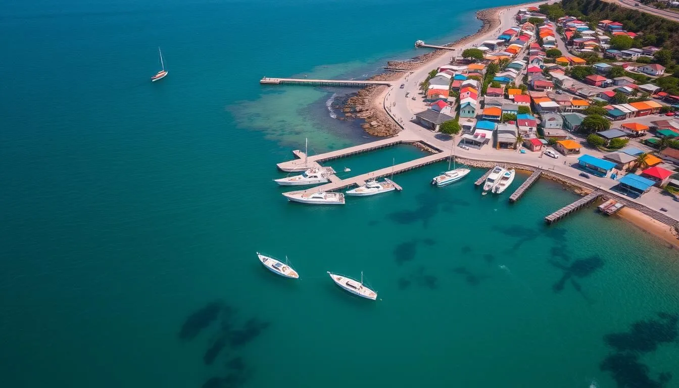 Aerial view of Hell-Ville (Nosy Be), Madagascar port with boats and colorful buildings