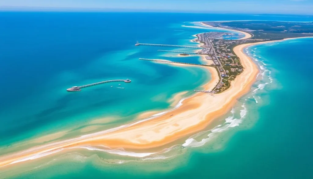Aerial view of Hervey Bay coastline with clear blue waters and sandy beaches Aerial view of Hervey Bay coastline with clear blue waters and sandy beaches