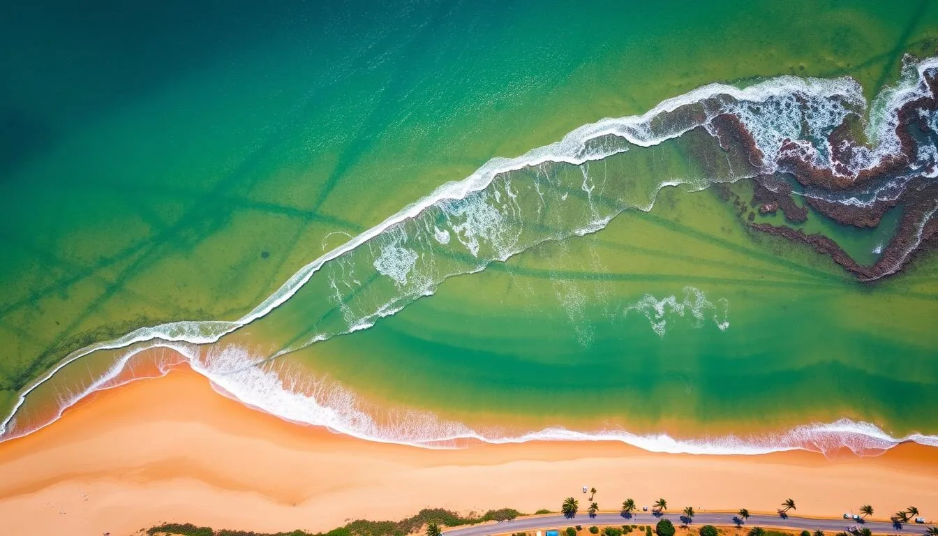 Aerial-view-of-Hikkaduwa-Sri-Lanka-coastline-showing-the-golden-beaches-and-blue-waters Aerial view of Hikkaduwa, Sri Lanka coastline showing the golden beaches and blue waters