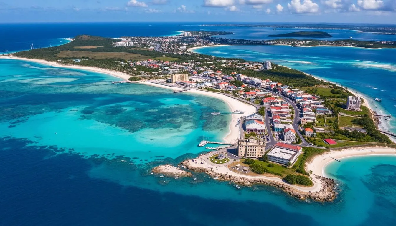 Aerial view of Holetown Barbados showing the coastline, beaches and town layout