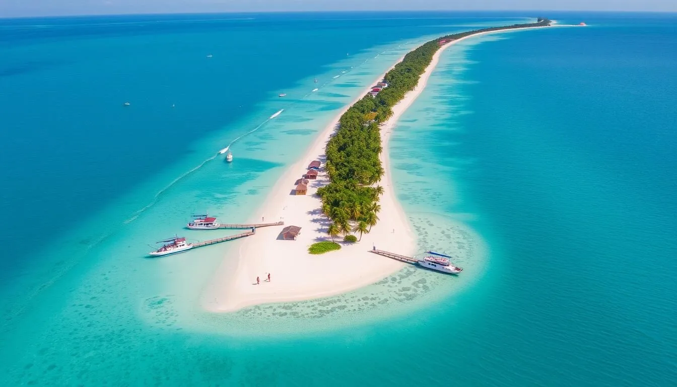 Aerial view of Hopkins Village Beach in Belize showing the long coastline and village layout