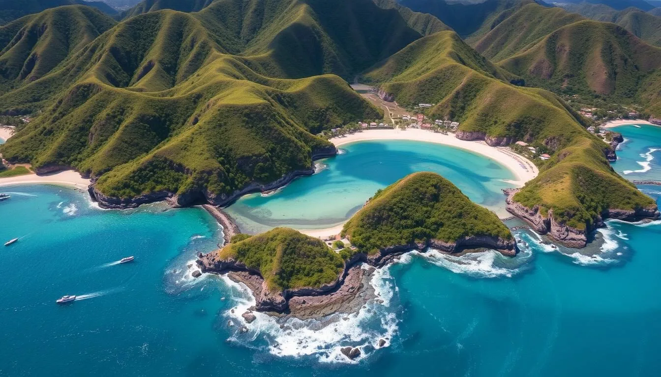 Aerial-view-of-Huatulco-National-Park-coastline-showing-multiple-bays-and-beaches-with Aerial view of Huatulco National Park coastline showing multiple bays and beaches with turquoise waters