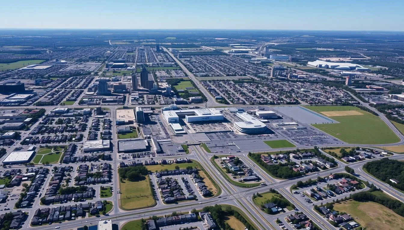 Aerial-view-of-Hurst-Texas-showing-its-location-between-Dallas-and-Fort-Worth Aerial view of Hurst, Texas showing its location between Dallas and Fort Worth
