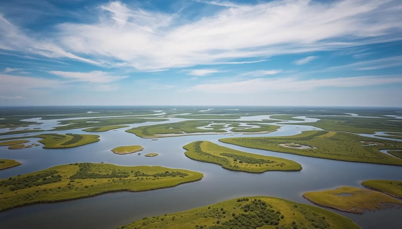 Aerial view of Ibera National Park wetlands showing vast waterways and floating vegetation islands