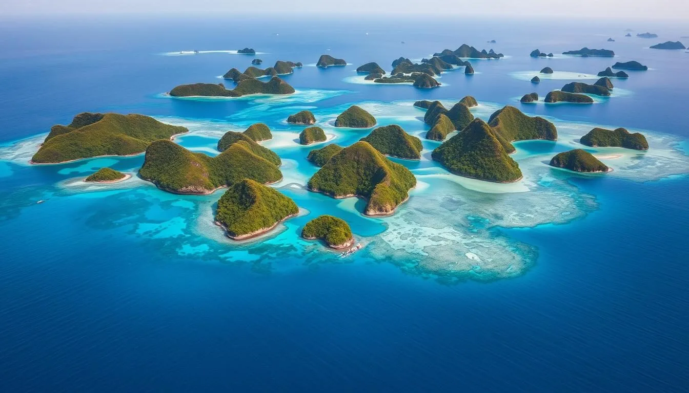 Aerial view of Indonesian islands with clear turquoise waters during dry season