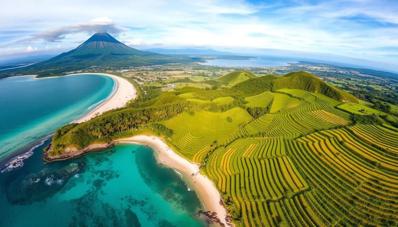 Aerial view of Indonesia's diverse landscapes showing beaches, volcanoes and rice terraces - Indonesia best things to do