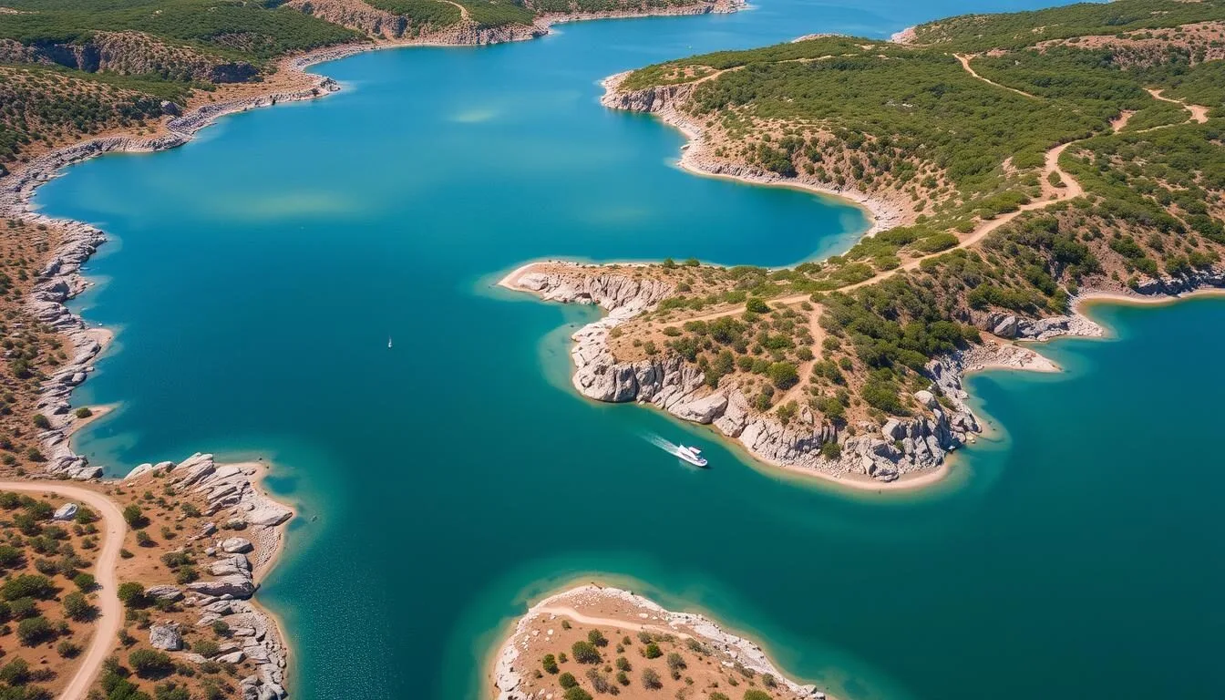 Aerial view of Inks Lake State Park, Texas showing the constant-level lake surrounded by rocky shores and Hill Country landscape