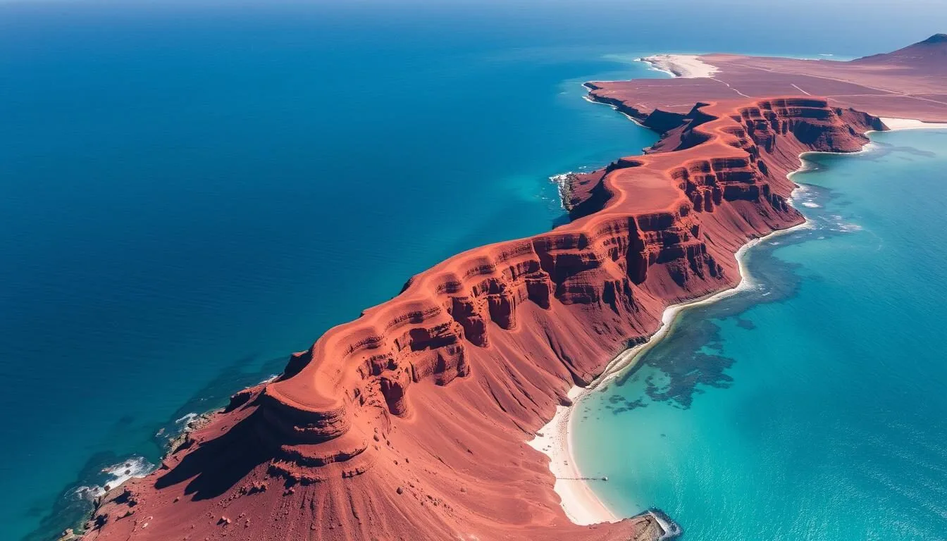 Aerial view of Isla Espiritu Santo, Mexico showing red volcanic cliffs against turquoise waters