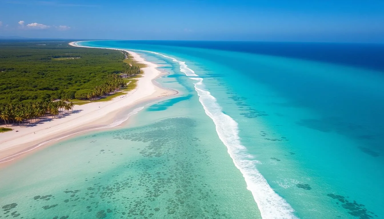 Aerial view of Isla de la Juventud showing pristine beaches and lush green interior