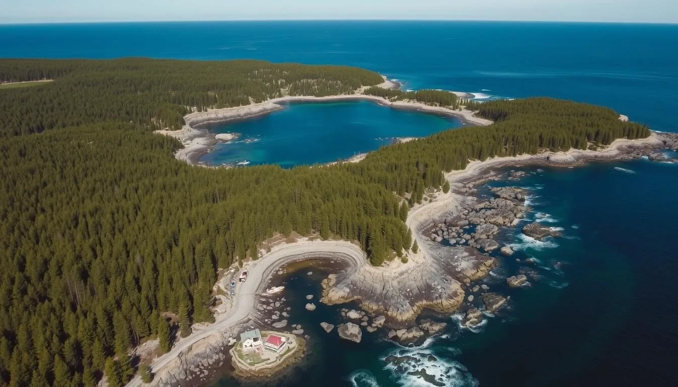 Aerial view of Isle au Haut's rugged coastline with hiking trails and dense forest meeting the blue waters of Penobscot Bay
