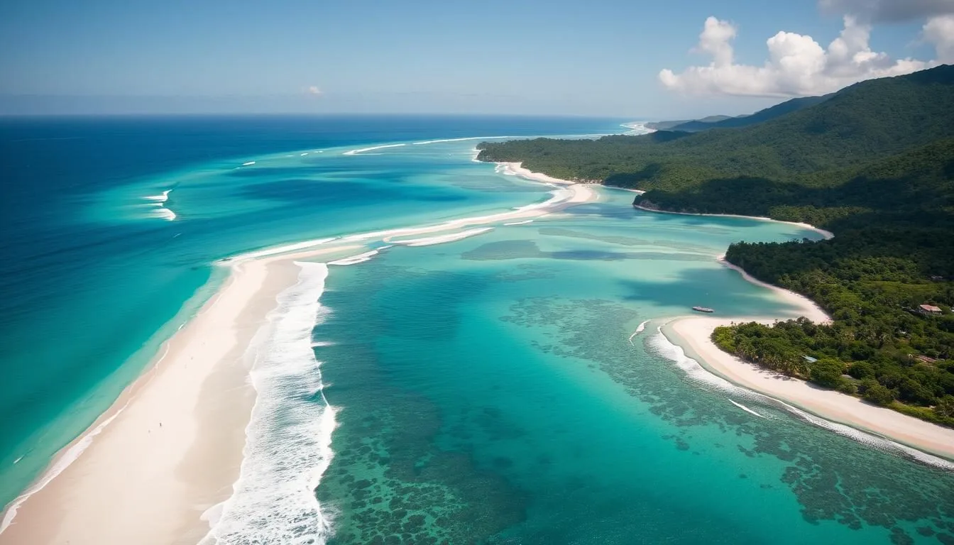 Aerial view of Jamaica's coastline showing the turquoise Caribbean Sea meeting white sand beaches