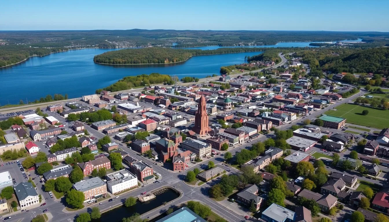 Aerial view of Jamestown New York with Chautauqua Lake in the background on a sunny day
