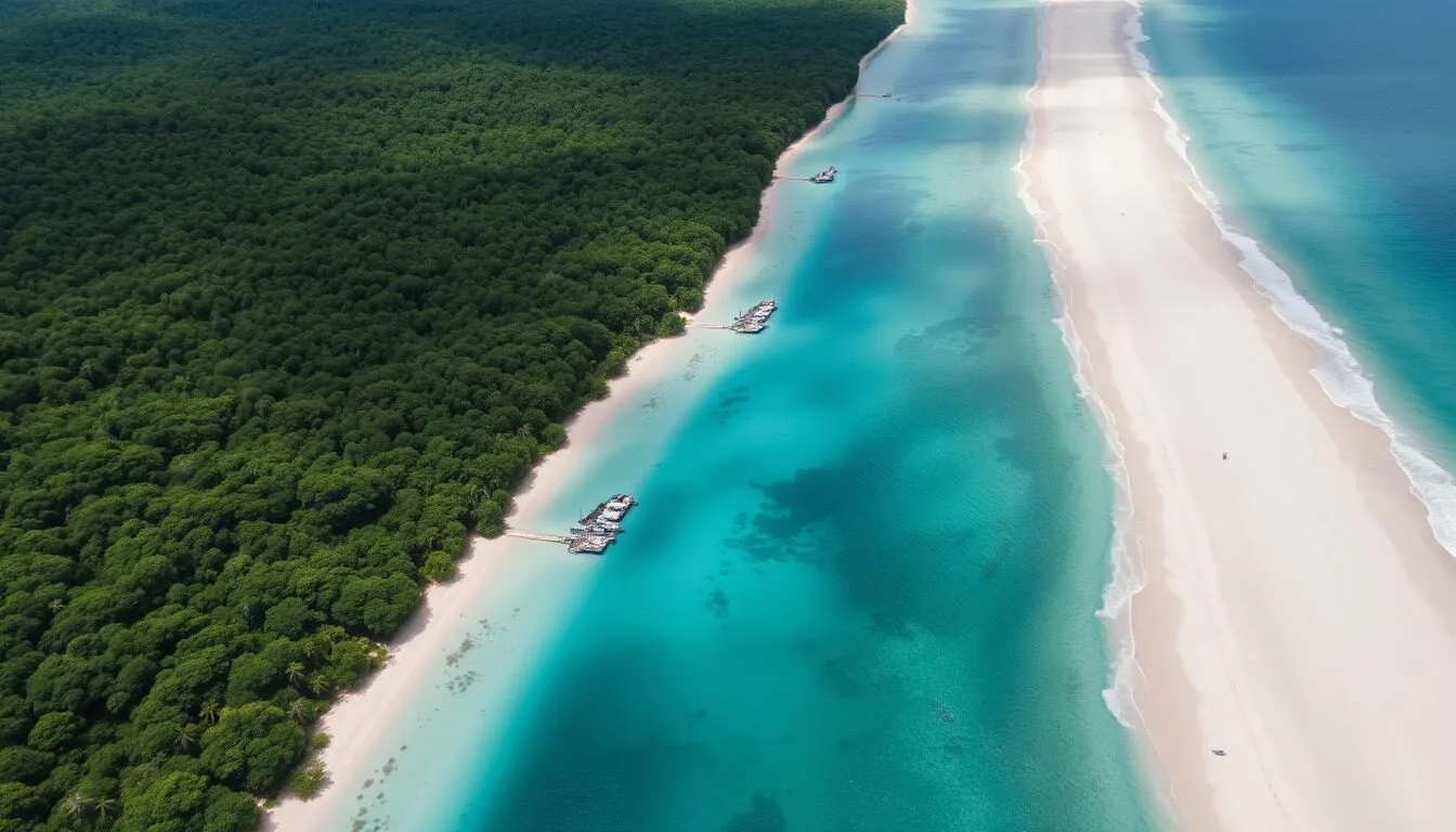 Aerial view of Jeannette Kawas National Park Honduras showing the lush rainforest meeting pristine Caribbean beaches