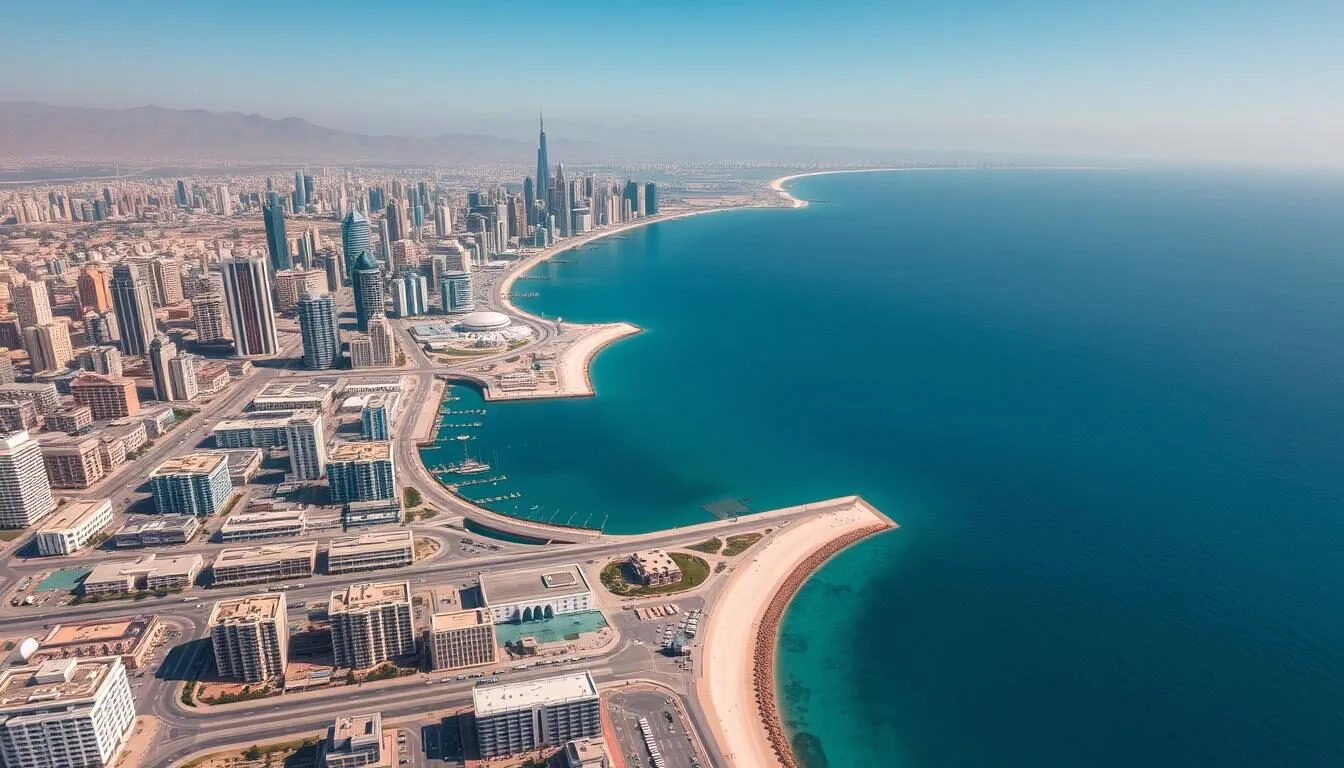 Aerial-view-of-Jeddah-cityscape-showing-the-Red-Sea-coastline-and-modern-buildings Aerial view of Jeddah cityscape showing the Red Sea coastline and modern buildings