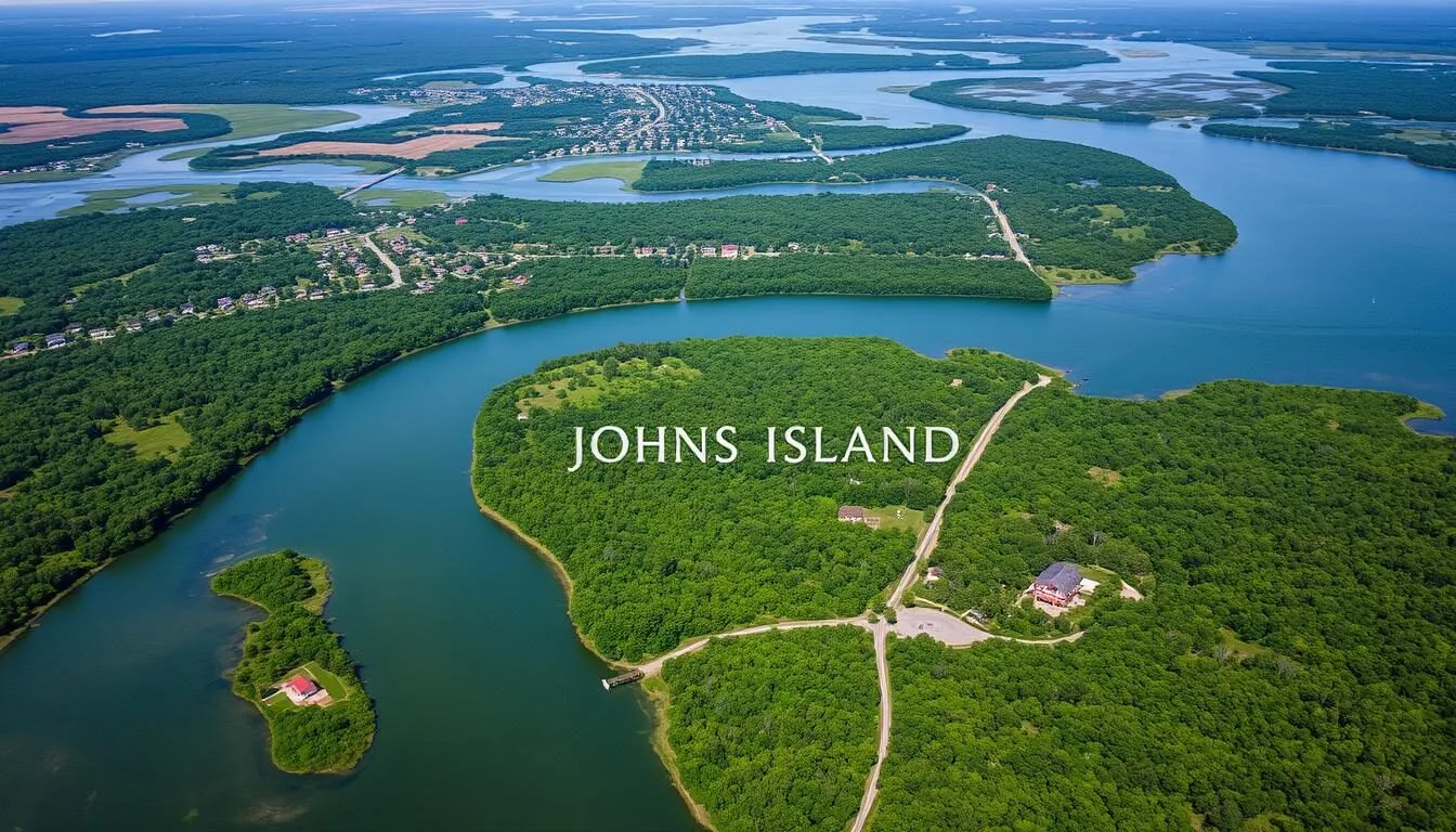 Aerial view of Johns Island, South Carolina showing lush greenery, waterways, and rural landscape