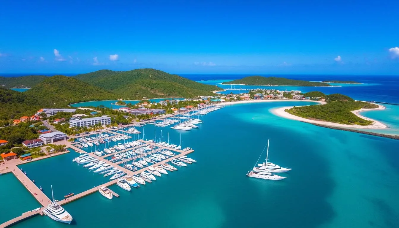 Aerial view of Jolly Harbour, Antigua and Barbuda showing the marina and surrounding beaches