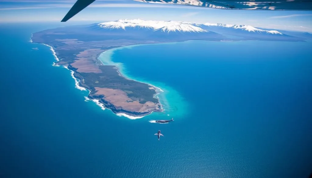 Aerial view of Kaikoura Peninsula showing the coastline, mountains, and a whale visible in the clear blue water