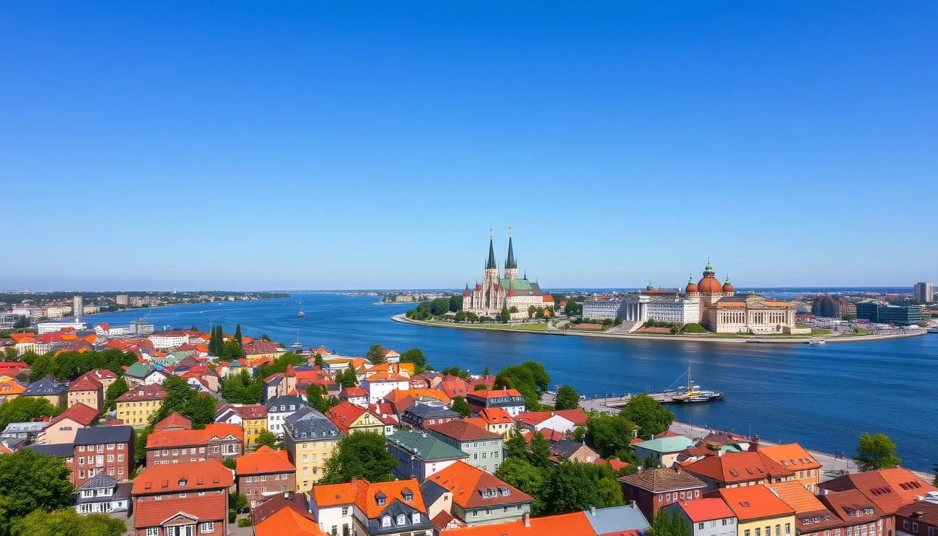 Aerial-view-of-Kaliningrad-city-center-with-the-Fishing-Village-and-Konigsberg-Cathedral Aerial view of Kaliningrad city center with the Fishing Village and Königsberg Cathedral