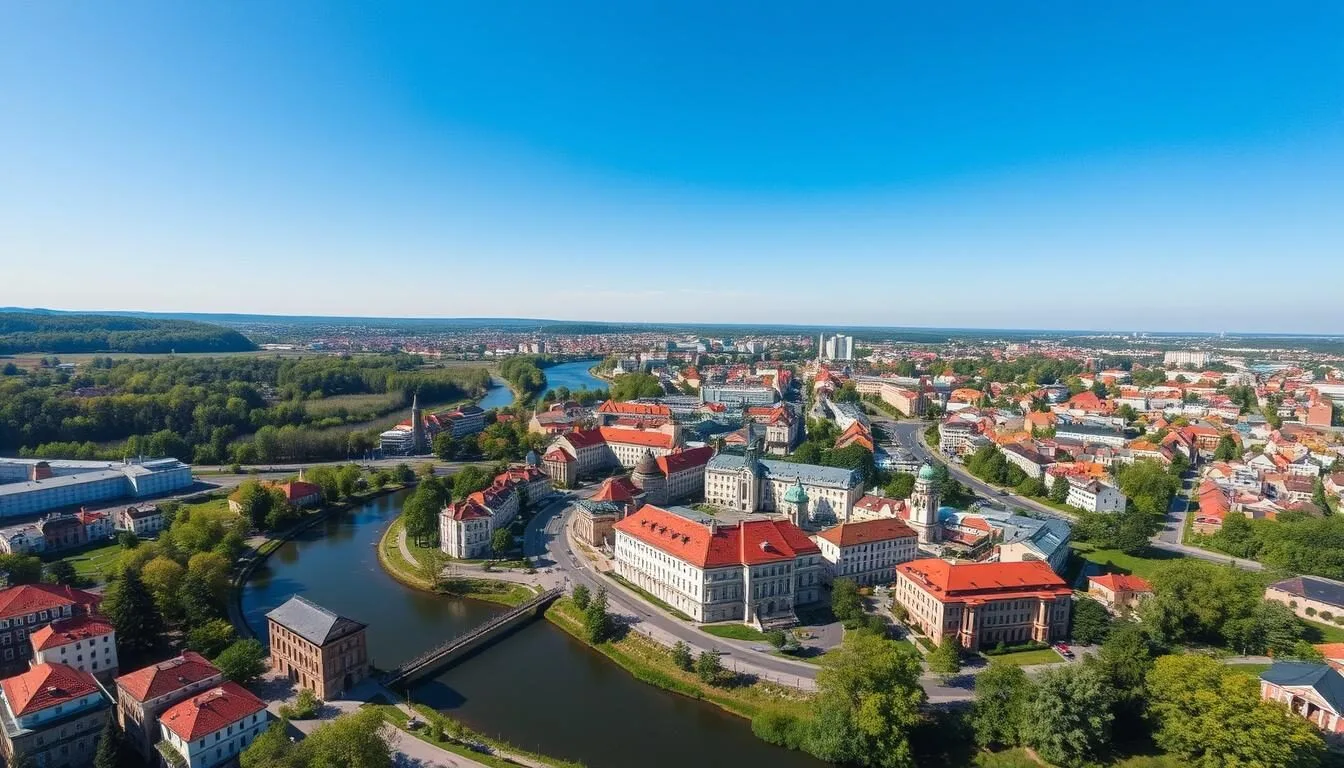 Aerial view of Kaluga city center with the Oka River and historic buildings