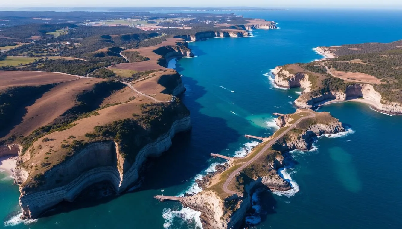 Aerial view of Kattang Nature Reserve coastline showing access roads and surrounding landscape