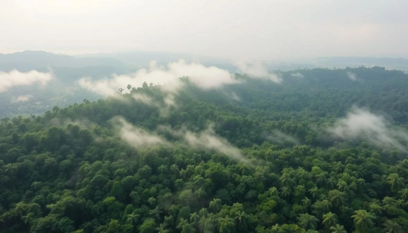 Aerial view of Kayan Mentarang National Park rainforest canopy with morning mist rising from the dense jungle