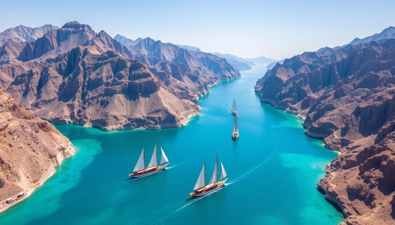 Aerial view of Khasab's dramatic fjords with traditional dhow boats sailing through turquoise waters surrounded by rugged mountains