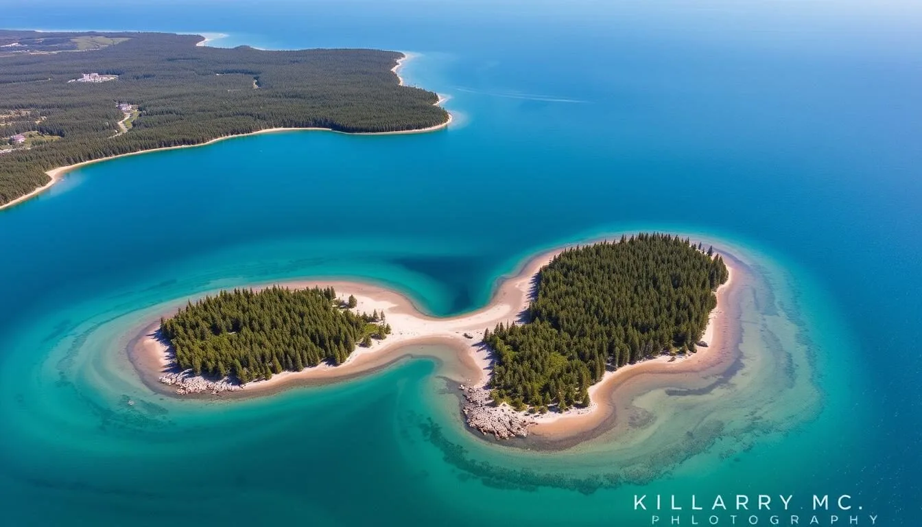 Aerial view of Killarney, Ontario showing Georgian Bay's blue waters and pink granite shoreline - one of the top things to do in Killarney, Ontario