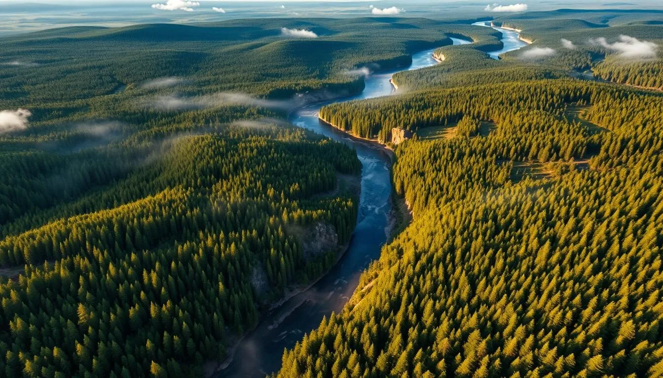 Aerial view of Koygorodsky National Park's vast taiga forest landscape with winding rivers