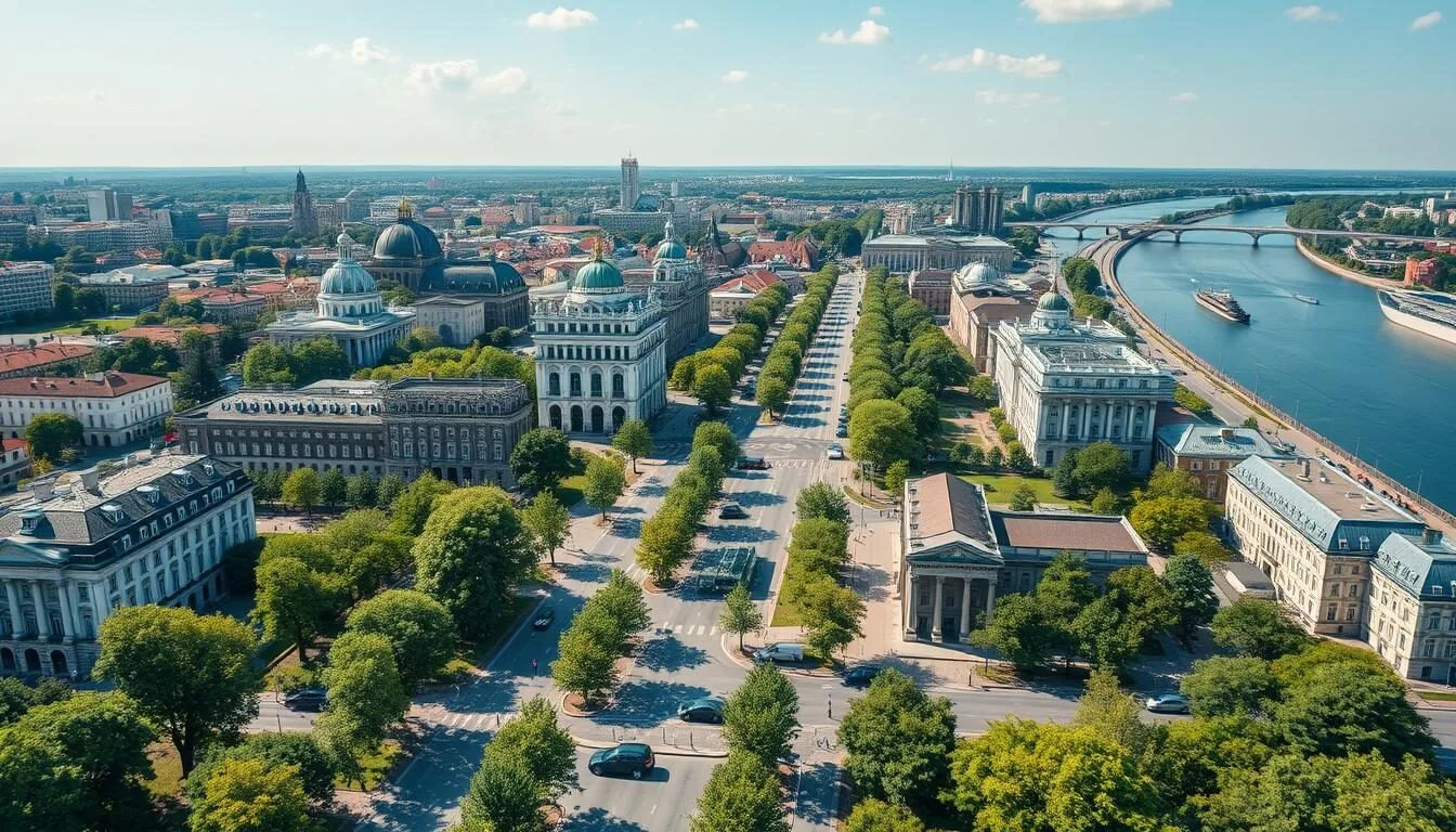 Aerial view of Krasnodar city center with tree-lined boulevards and European-style architecture on a sunny day