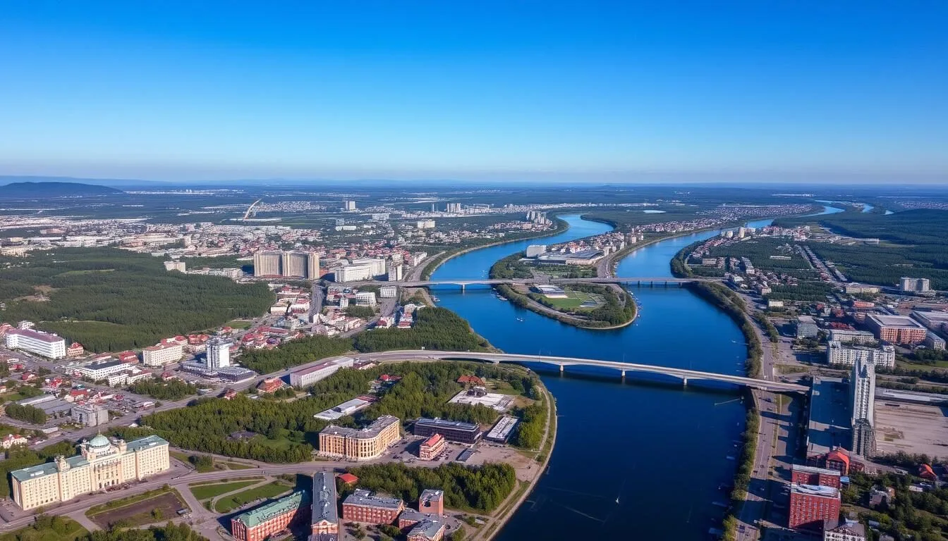 Aerial-view-of-Krasnoyarsk-city-with-the-Yenisei-River-flowing-through-it-showing-the-urban Aerial view of Krasnoyarsk city with the Yenisei River flowing through it, showing the urban landscape against the backdrop of Siberian forests
