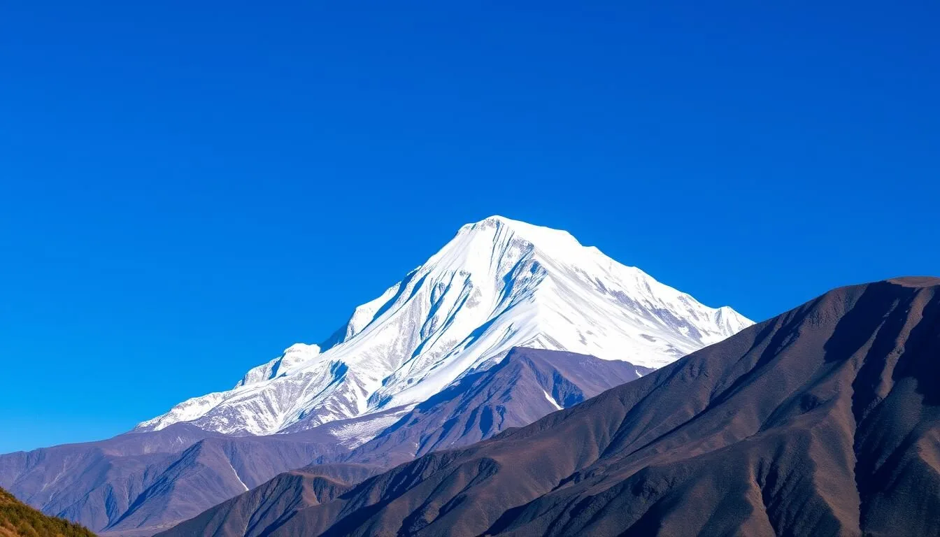 Aerial-view-of-Kula-Kangri-mountain-peak-with-snow-capped-summit-against-blue-sky Aerial view of Kula Kangri mountain peak with snow-capped summit against blue sky